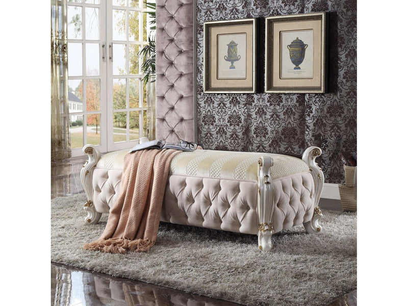 Picardy Fabric & Antique Pearl Bench - Ornate Home