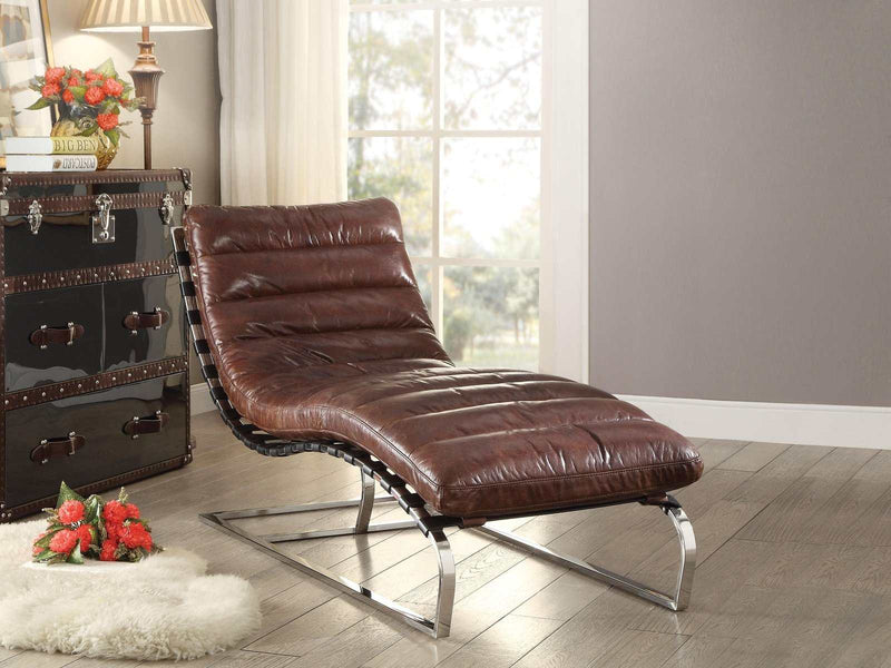 Qortini Vintage Dark Brown Top Grain Leather & Stainless Steel Chaise - Ornate Home