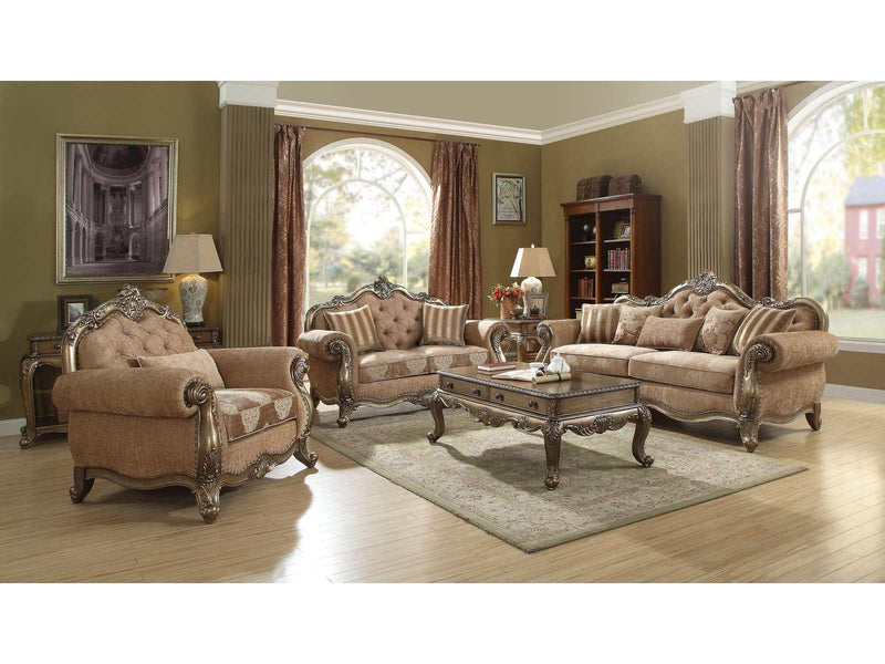 Ragenardus Fabric & Vintage Oak Sofa w/5 Pillows - Ornate Home