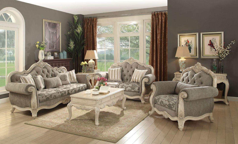 Ragenardus Gray Fabric & Antique White Sofa w/5 Pillows - Ornate Home