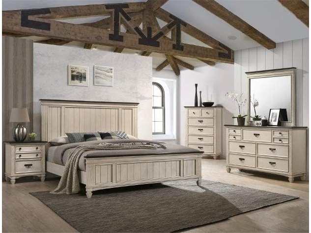 Sawyer Antique White/Brown Panel Bedroom Set - Ornate Home