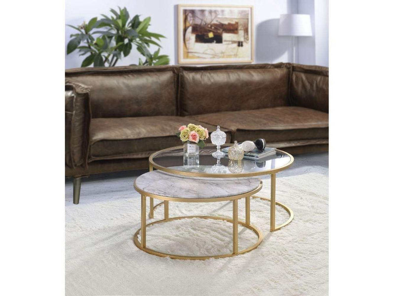Shanish Nesting Table Set (2Pc) - Faux Marble/Glass & Gold - Ornate Home