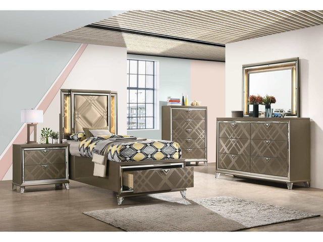 Skylar LED, PU & Dark Champagne Full Bed (Storage & LED) - Ornate Home