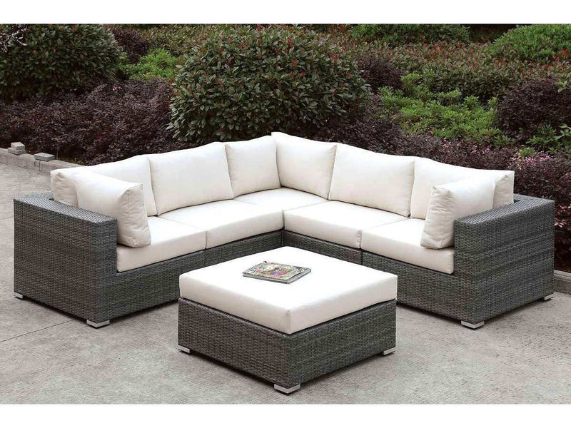 Somani Ivory & Light Gray Outdoor L Shape Sectional w/ Ottoman - Ornate Home