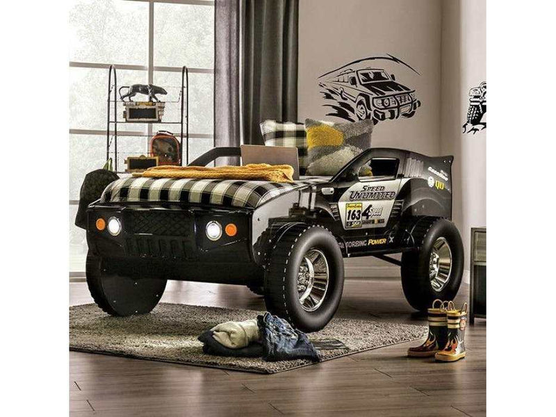 Speed Jump Black Off-Road Twin Car Bed w/ LED Headlights - Ornate Home