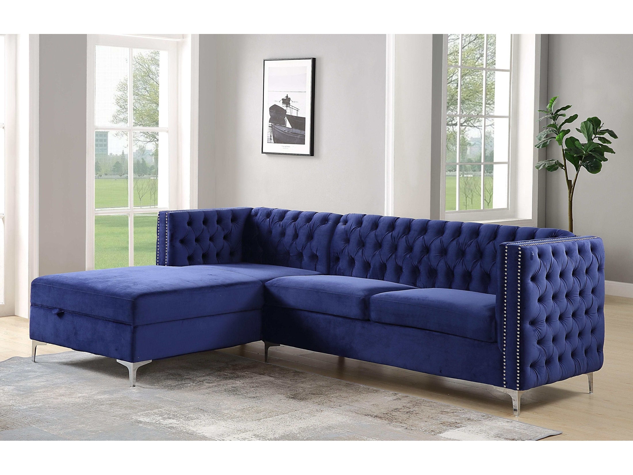 Sullivan Navy Blue Velvet Sectional Sofa w/ Storage Chaise - Ornate Home