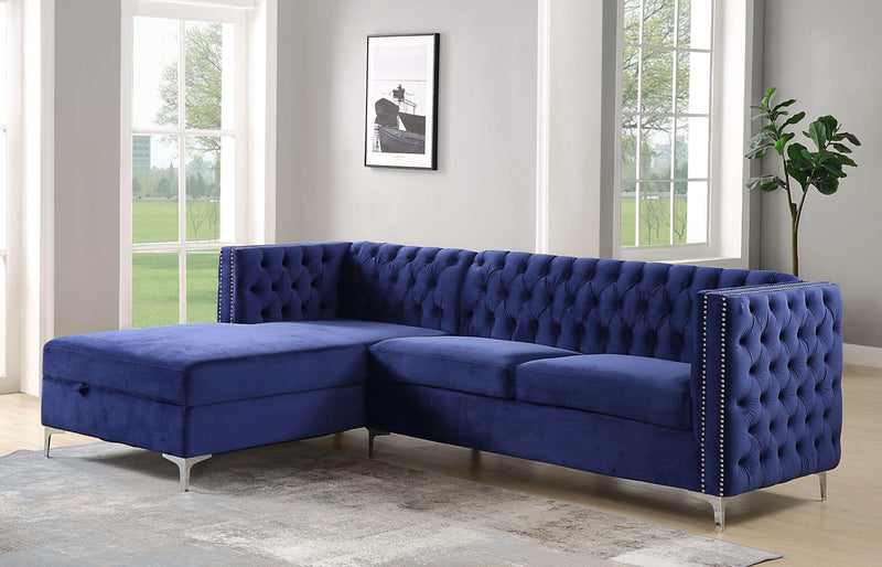 Sullivan Navy Blue Velvet Sectional Sofa w/ Storage Chaise - Ornate Home