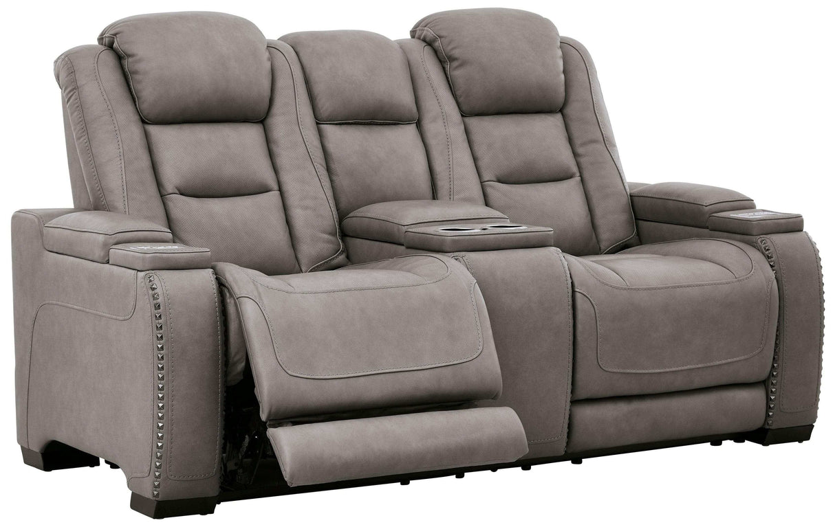 The Man-Den Gray Power Reclining Loveseat w/ Console - Ornate Home