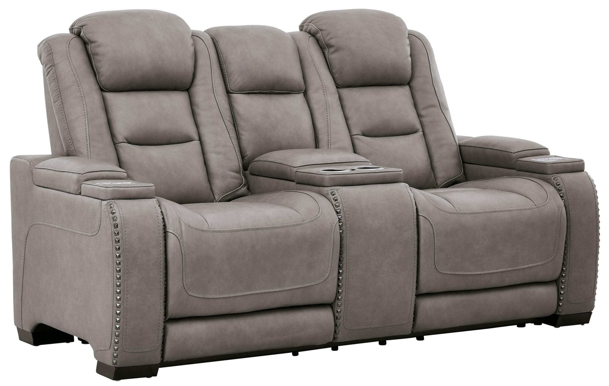 The Man-Den Gray Power Reclining Loveseat w/ Console - Ornate Home