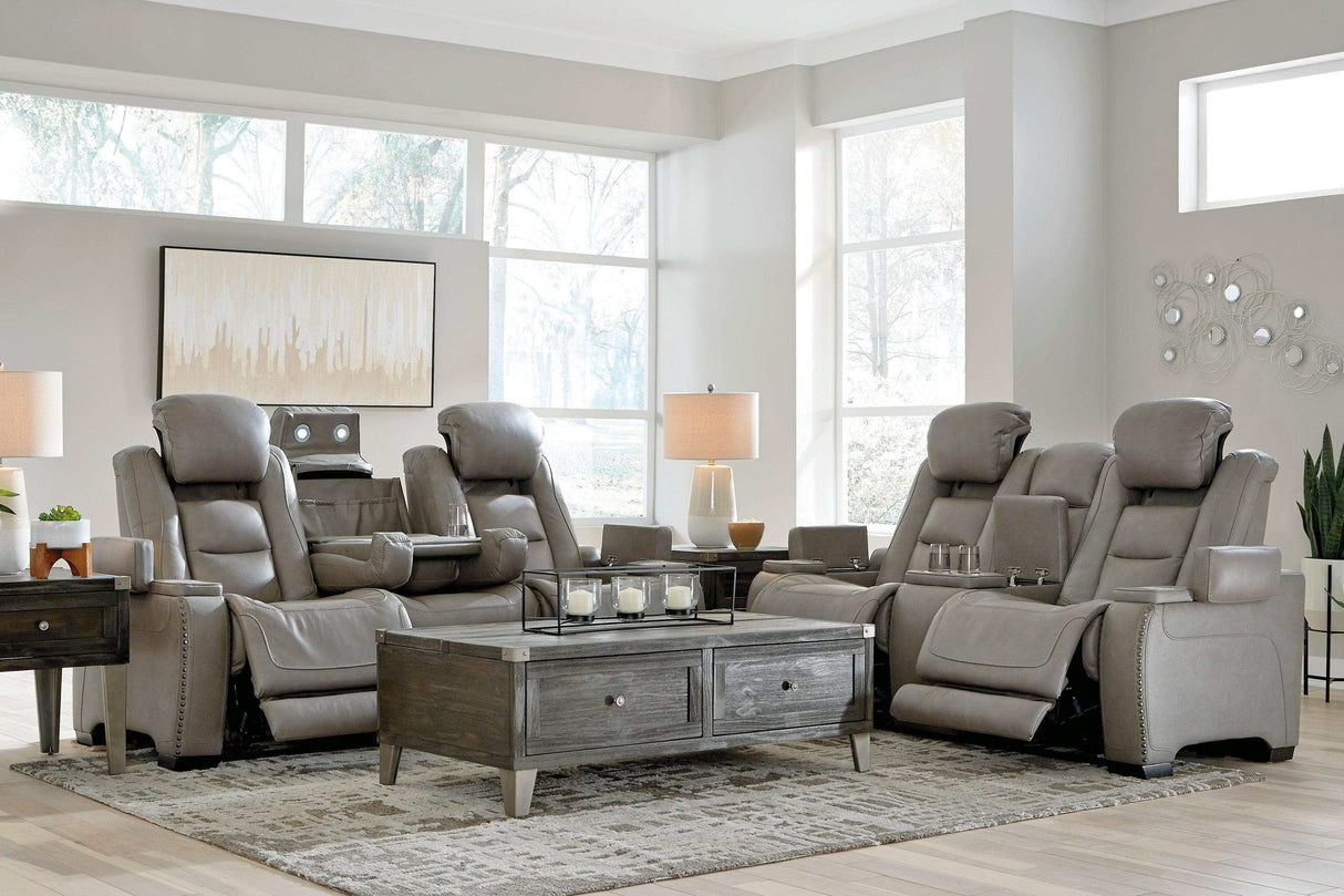 The Man-Den Gray Power Reclining Sofa & Loveseat - Ornate Home