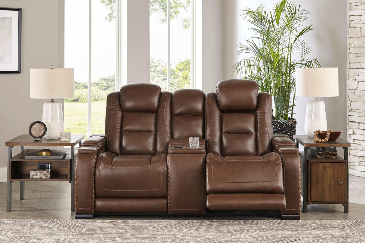 The Man-Den Mahogany Power Reclining Loveseat w/ Console - Ornate Home