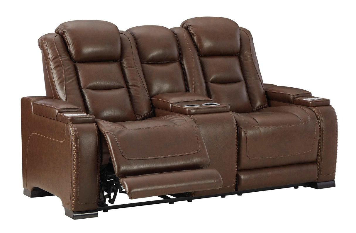 The Man-Den Mahogany Power Reclining Loveseat w/ Console - Ornate Home