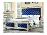 Varian Blue Velvet & Mirrored Queen Bed - Ornate Home