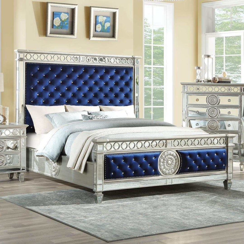 Varian Blue Velvet & Mirrored Queen Bed - Ornate Home