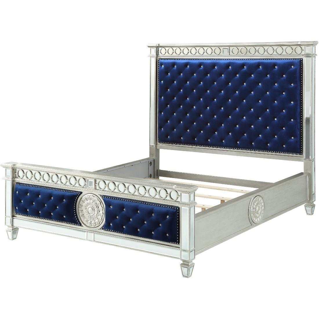 Varian Blue Velvet & Mirrored Queen Bed - Ornate Home