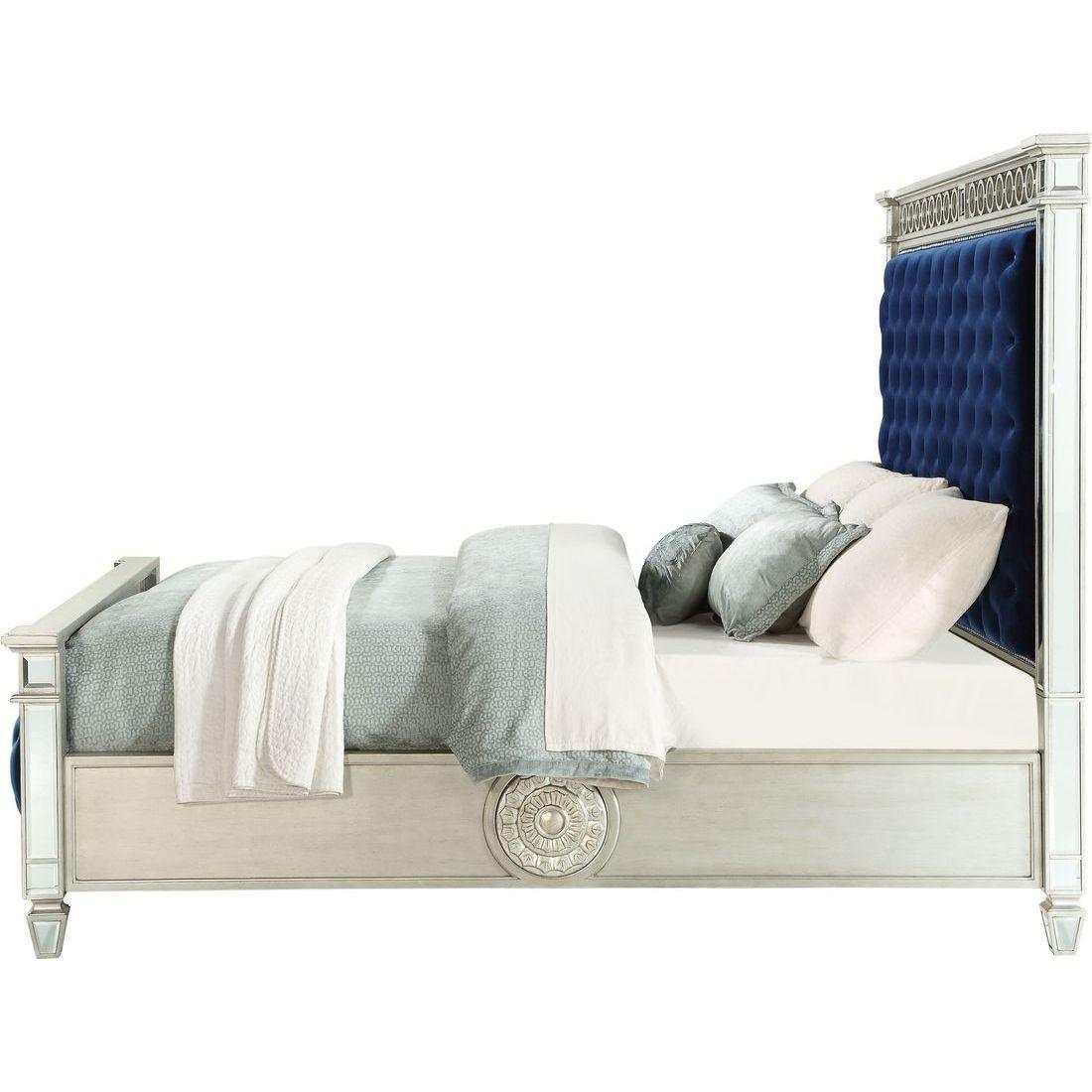 Varian Blue Velvet & Mirrored Queen Bed - Ornate Home