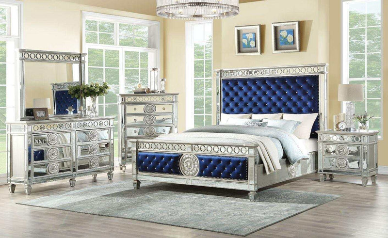 Varian Blue Velvet & Mirrored Queen Bed - Ornate Home