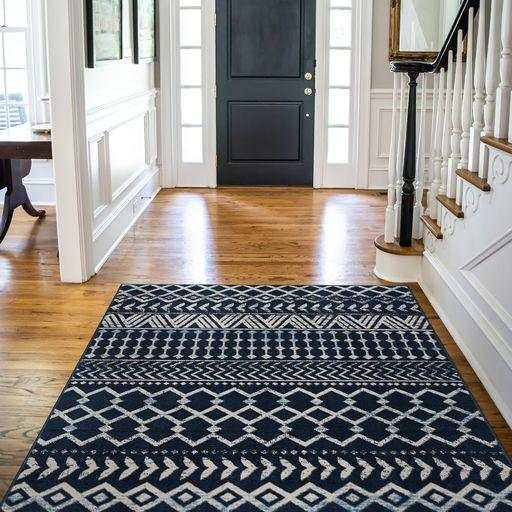 Crystal Navy Blue/Cream Modern Boho Indoor Non Slip Area Rugs - Ornate Home