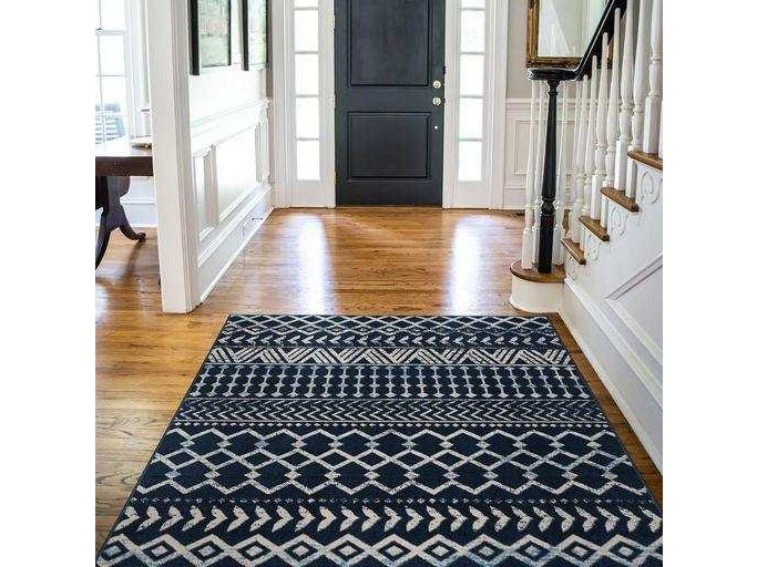 Crystal Navy Blue/Cream Modern Boho Indoor Non Slip Area Rugs - Ornate Home