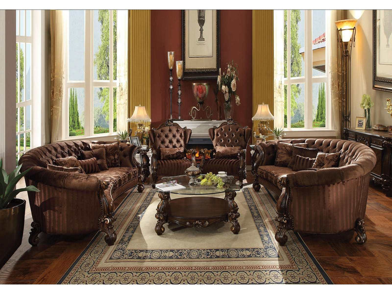 Versailles Brown Velvet & Cherry Oak Sofa w/5 Pillows - Ornate Home