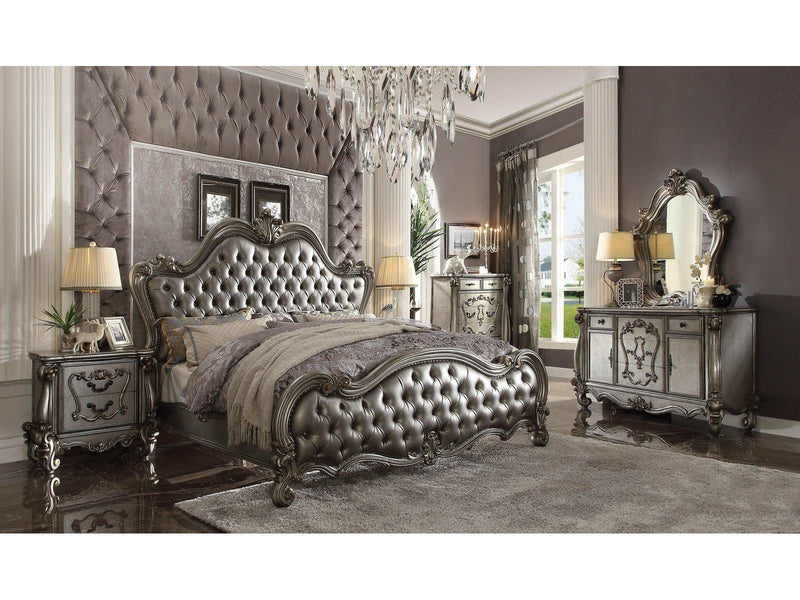Versailles II Silver PU & Antique Platinum Queen Bed - Ornate Home