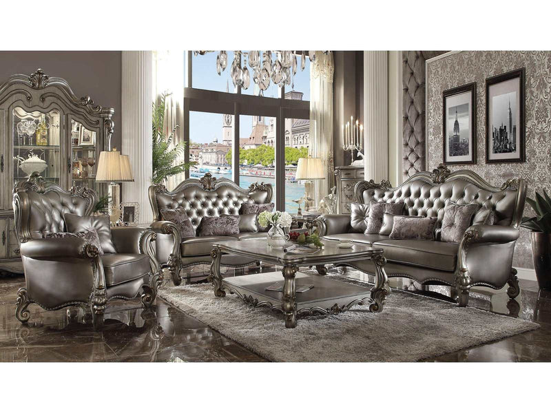 Versailles Silver PU & Antique Platinum Sofa w/6 Pillows - Ornate Home