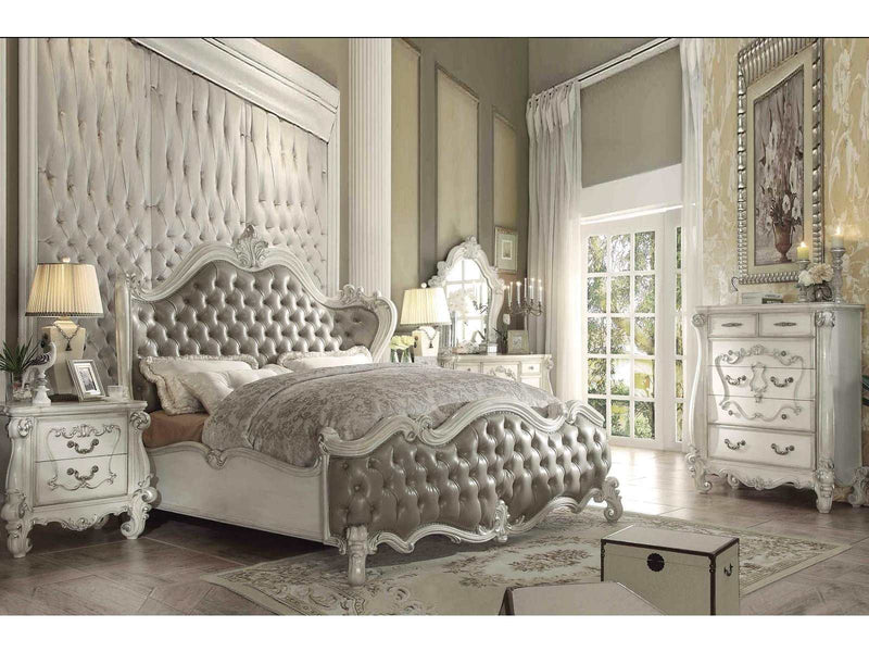Versailles Vintage Gray PU & Bone White Queen Bed - Ornate Home