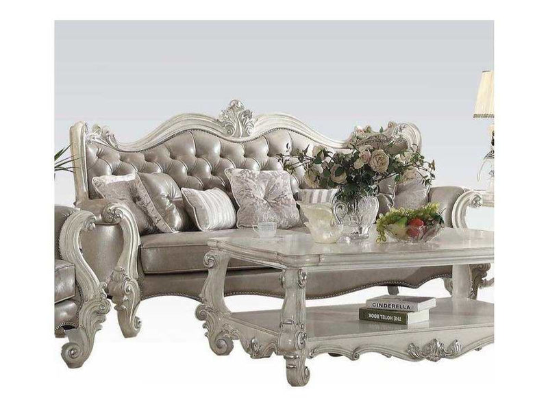 Versailles Vintage Gray PU & Bone White Sofa w/7 Pillows - Ornate Home