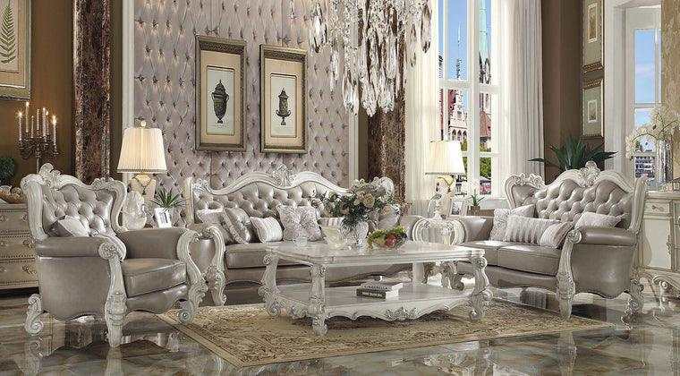Versailles Vintage Gray PU & Bone White Sofa w/7 Pillows - Ornate Home