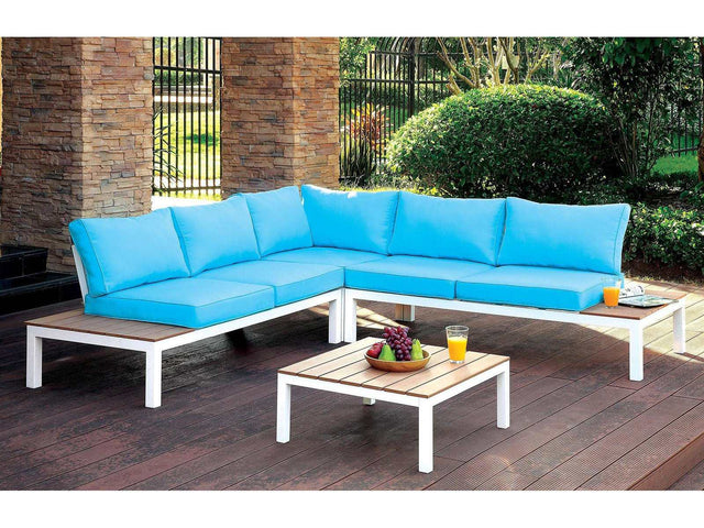 Winona White, Oak & Blue Outdoor L Shape Sectional w/ Coffee Table - Ornate Home