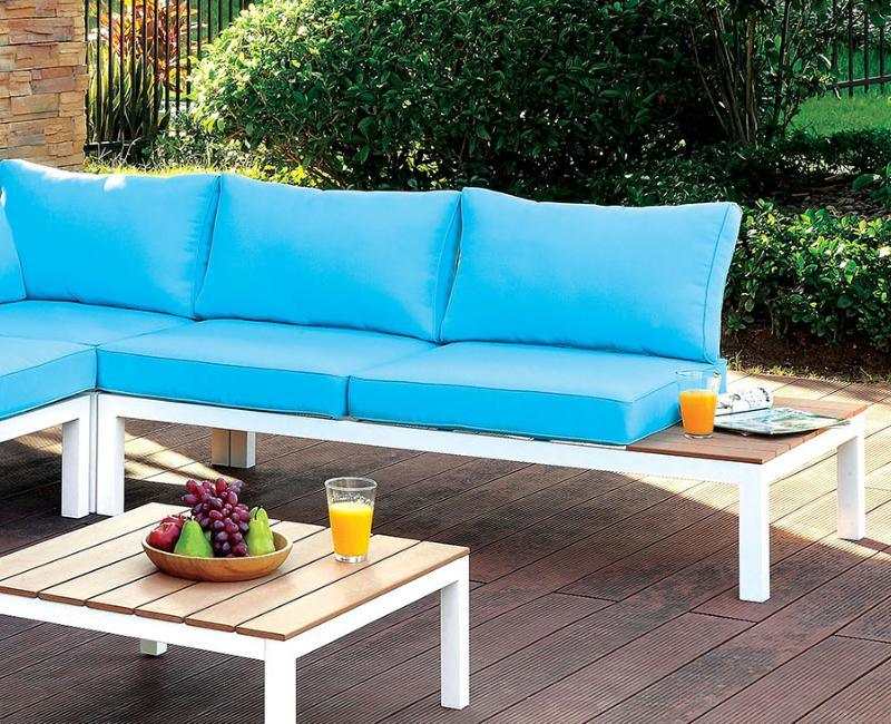 Winona White, Oak & Blue Outdoor L Shape Sectional w/ Coffee Table - Ornate Home