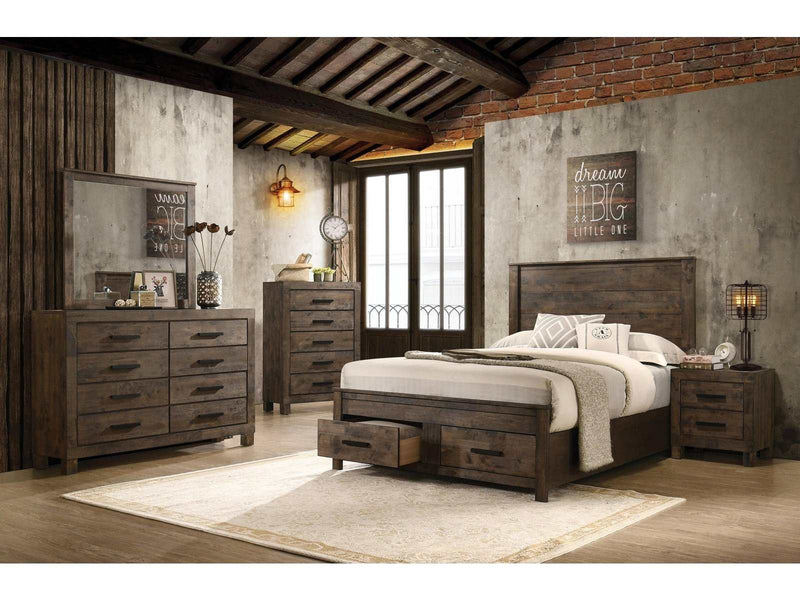 Woodmont Rustic Golden Brown 4pc Queen Bedroom Set w/ Storage - Ornate Home