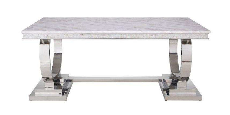 Zander Rectangular Stainless Steel Pedestal & Faux Marble Dining Table - Ornate Home