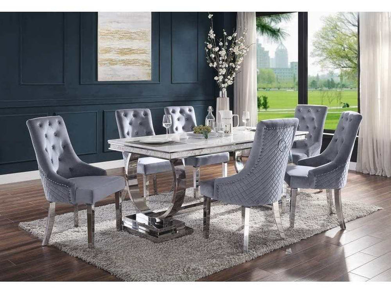 Zander - White Faux Marble & Mirrored Silver - 7pc Dining Room Set - Ornate Home